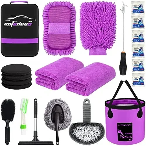 AUTODECO 22Pcs Car Wash Cleaning Tools Kit Car Detailing Set with Canvas Bag Purple Collapsible Bucket Wash Mitt Sponge Towels Tire Brush Window Scraper Duster Complete Interior Car Care Kit 