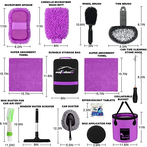 AUTODECO 22Pcs Car Wash Cleaning Tools Kit Car Detailing Set with Canvas Bag Purple Collapsible Bucket Wash Mitt Sponge Towels Tire Brush Window Scraper Duster Complete Interior Car Care Kit - 6