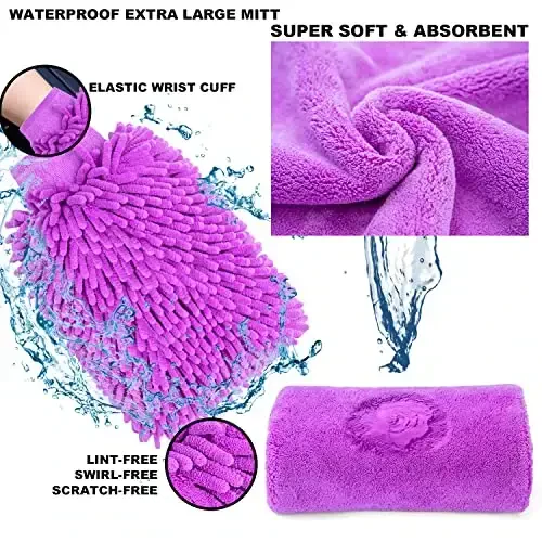 AUTODECO 22Pcs Car Wash Cleaning Tools Kit Car Detailing Set with Canvas Bag Purple Collapsible Bucket Wash Mitt Sponge Towels Tire Brush Window Scraper Duster Complete Interior Car Care Kit - 3