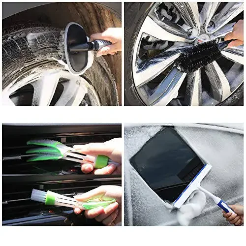 AUTODECO 22Pcs Car Wash Cleaning Tools Kit Car Detailing Set with Blue Canvas Bag Collapsible Bucket Wash Mitt Sponge Towels Tire Brush Window Scraper Duster Complete Interior Car Care Kit - 5