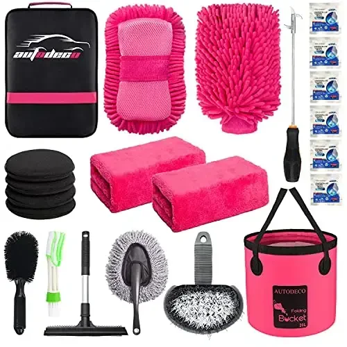 AUTODECO 22Pcs Car Wash Cleaning Tools Kit Car Detailing Set with Canvas Bag Pink Collapsible Bucket Wash Mitt Sponge Towels Tire Brush Window Scraper Duster Complete Interior Car Care Kit - AUTODECO