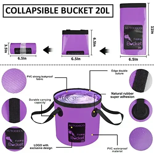 AUTODECO 22Pcs Car Wash Cleaning Tools Kit Car Detailing Set with Canvas Bag Purple Collapsible Bucket Wash Mitt Sponge Towels Tire Brush Window Scraper Duster Complete Interior Car Care Kit - 2