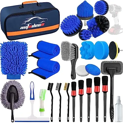 AUTODECO 27Pcs Avtomobilni detallash cho'tkasi to'plami, Avtomobilni detallash to'plami, Avtomobilni detallash burg'usi cho'tkasi to'plami, Avtomobilni detallash cho'tkalari, Ichki, tashqi, g'ildiraklar uchun avtomobil yuvish tozalash vositalari to'plami, Moviy - 1