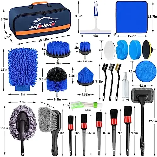 AUTODECO 27Pcs Avtomobilni detallash cho'tkasi to'plami, Avtomobilni detallash to'plami, Avtomobilni detallash burg'usi cho'tkasi to'plami, Avtomobilni detallash cho'tkalari, Ichki, tashqi, g'ildiraklar uchun avtomobil yuvish tozalash vositalari to'plami, Moviy - 7