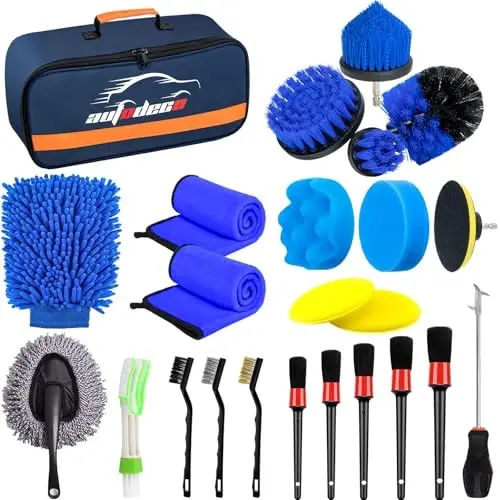 AUTODECO 30Pcs Car Detailing Brush Set, Car Detailing Kit, Auto Detailing Drill Brush Set, Car Detailing Brushes, Car Wash Cleaning Tools Kit for Interior, Exterior, Wheels, Blue - AUTODECO