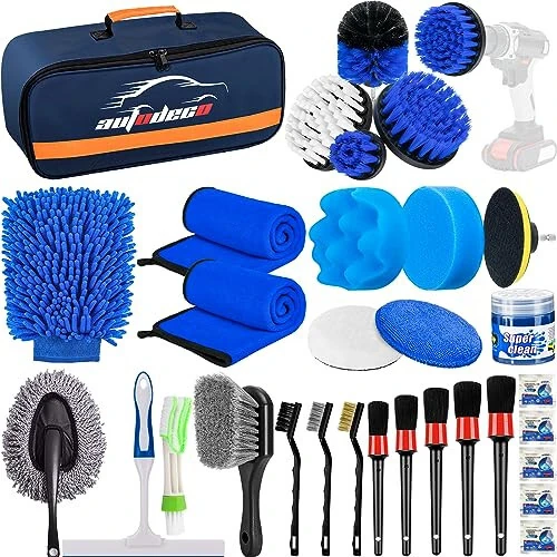 AUTODECO 31Pcs Car Detailing Brush Set, Car Detailing Kit, Auto Detailing Drill Brush Set, Car Detailing Brushes, Car Wash Cleaning Tools Kit for Interior, Exterior, Wheels, Blue - AUTODECO