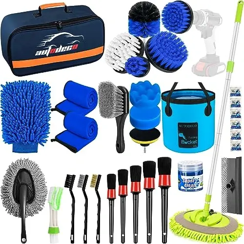 AUTODECO 32Pcs Avtomobilni batafsil tozalash cho'tkasi to'plami, Avtomobilni batafsil tozalash to'plami, Avtomobilni batafsil burg'ulash cho'tkasi to'plami, Avtomobilni batafsil tozalash cho'tkalari, Ichki, tashqi, g'ildiraklar uchun avtomobil yuvish tozalash vositalari to'plami, Moviy - AUTODECO