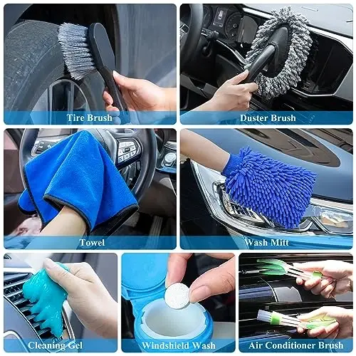 AUTODECO 32Pcs Avtomobilni batafsil tozalash cho'tkasi to'plami, Avtomobilni batafsil tozalash to'plami, Avtomobilni batafsil burg'ulash cho'tkasi to'plami, Avtomobilni batafsil tozalash cho'tkalari, Ichki, tashqi, g'ildiraklar uchun avtomobil yuvish tozalash vositalari to'plami, Moviy - 6
