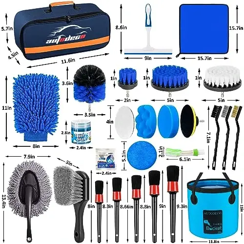 AUTODECO 32Pcs Avtomobilni batafsil tozalash cho'tkasi to'plami, Avtomobilni batafsil tozalash to'plami, Avtomobilni batafsil burg'ulash cho'tkasi to'plami, Avtomobilni batafsil tozalash cho'tkalari, Ichki, tashqi, g'ildiraklar uchun avtomobil yuvish tozalash vositalari to'plami, Moviy - 7