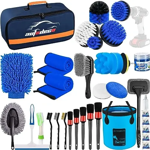 AUTODECO 34Pcs Car Detailing Brush Set, Car Detailing Kit, Auto Detailing Drill Brush Set, Car Detailing Brushes, Car Wash Cleaning Tools Kit for Interior, Exterior, Wheels, Blue - AUTODECO