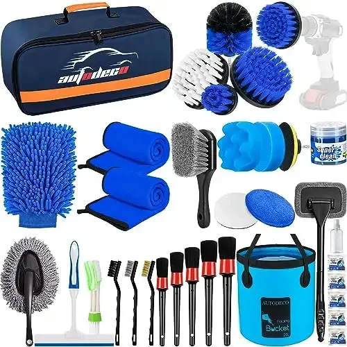 AUTODECO 34Pcs Car Detailing Brush Set, Car Detailing Kit, Auto Detailing Drill Brush Set, Car Detailing Brushes, Car Wash Cleaning Tools Kit for Interior, Exterior, Wheels, Blue - 1