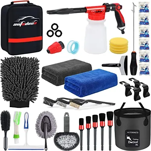 AUTODECO 35Pcs Car Wash Detailing Kit Cleaning Kits with Foam Gun Sprayer Collapsible Bucket Brush Large Wash Mitt Towels Complete Interior Exterior Car Washing Supply Set Black 
