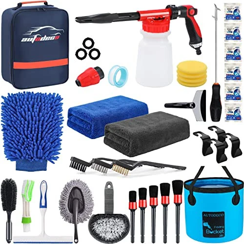 AUTODECO 35Pcs Car Wash Detailing Kit Cleaning Kits with Foam Gun Sprayer Collapsible Bucket Brush Large Wash Mitt Towels Complete Interior Exterior Car Washing Supply Set Blue 