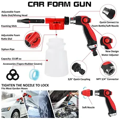 AUTODECO 35Pcs Car Wash Detailing Kit Cleaning Kits with Foam Gun Sprayer Collapsible Bucket Brush Large Wash Mitt Towels Complete Interior Exterior Car Washing Supply Set Black - 3