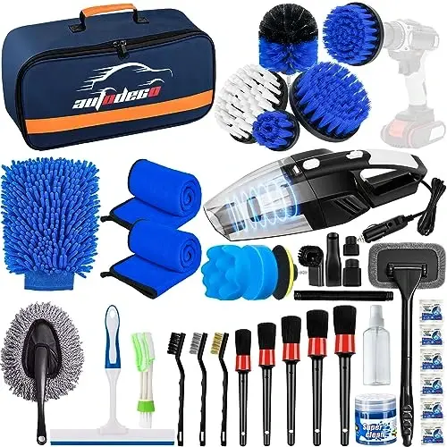 AUTODECO 37Pcs Car Detailing Brush Set, Car Detailing Kit, Auto Detailing Drill Brush Set, Car Detailing Brushes, Car Wash Cleaning Tools Kit with Car Vacuum for Interior, Exterior, Wheels, Blue - 1