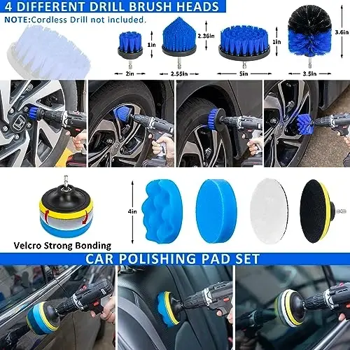 AUTODECO 37Pcs Avtomobilni tozalash cho'tkasi to'plami, Avtomobilni tozalash to'plami, Avtomobilni tozalash uchun burg'u cho'tkasi to'plami, Avtomobilni tozalash cho'tkalari, Ichki, tashqi, g'ildiraklar uchun avtomobil vakuumli avtomobil yuvish tozalash vositalari to'plami, ko'k - 4