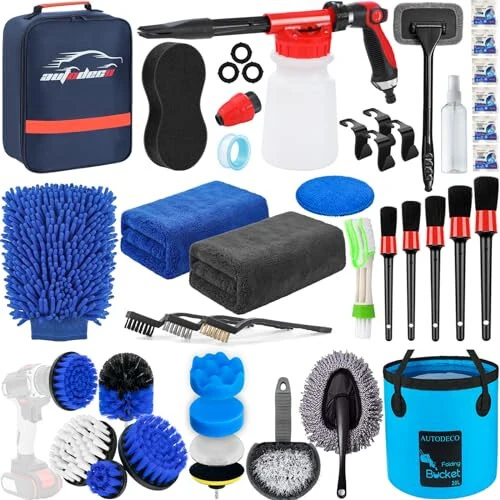 AUTODECO 38Pcs Car Wash Detailing Kit Cleaning Kits with Foam Gun Sprayer Collapsible Bucket Drill Brush Large Wash Mitt Towels Complete Interior Exterior Car Washing Supply Set Blue - AUTODECO