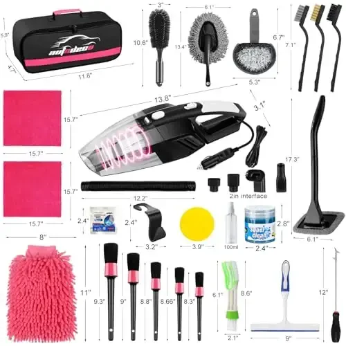 AUTODECO 39Pcs Car Cleaning Wash Kit Interior Detailing Cleaner Kit with High Power Handheld Vacuum, Brush Set, Windshield Tool, Duster, Towels, Tire Brush, Complete Car Care Tools, Pink - 7