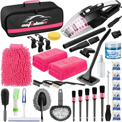 AUTODECO 39Pcs Car Cleaning Wash Kit Interior Detailing Cleaner Kit with High Power Handheld Vacuum, Brush Set, Windshield Tool, Duster, Towels, Tire Brush, Complete Car Care Tools, Pink - AUTODECO