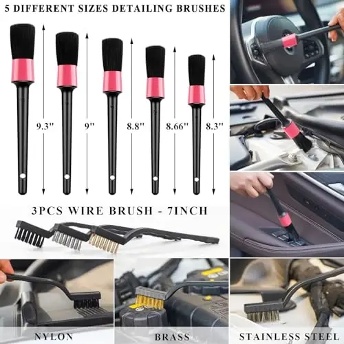 AUTODECO 39Pcs Car Cleaning Wash Kit Interior Detailing Cleaner Kit with High Power Handheld Vacuum, Brush Set, Windshield Tool, Duster, Towels, Tire Brush, Complete Car Care Tools, Pink - 4