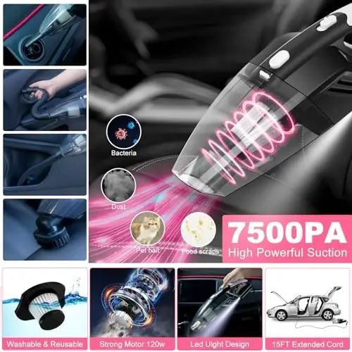 AUTODECO 39Pcs Car Cleaning Wash Kit Interior Detailing Cleaner Kit with High Power Handheld Vacuum, Brush Set, Windshield Tool, Duster, Towels, Tire Brush, Complete Car Care Tools, Pink - 2