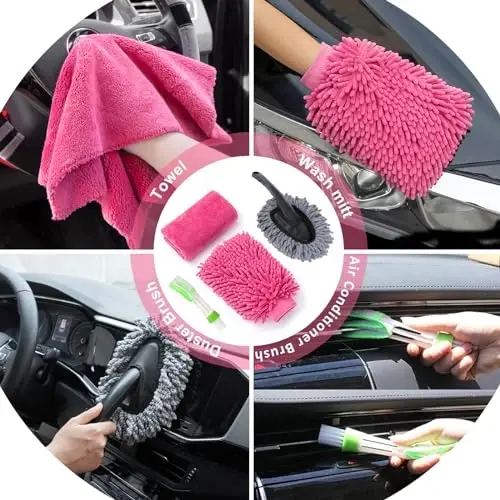 AUTODECO 39Pcs Car Cleaning Wash Kit Interior Detailing Cleaner Kit with High Power Handheld Vacuum, Brush Set, Windshield Tool, Duster, Towels, Tire Brush, Complete Car Care Tools, Pink - 5