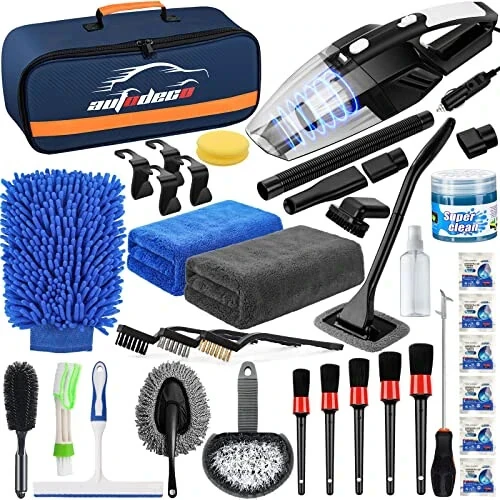 AUTODECO 39Pcs Car Cleaning Wash Kit Interior Detailing Cleaner Kit with High Power Handheld Vacuum, Brush Set, Windshield Tool, Duster, Towels, Tire Brush, Complete Car Care Tools, Blue - AUTODECO