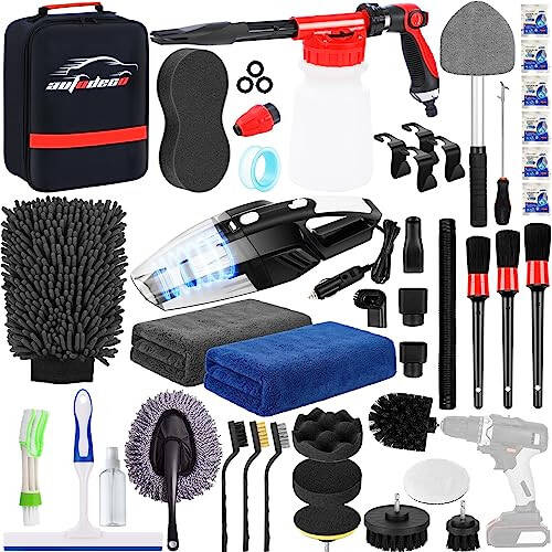 AUTODECO 40Pcs Car Wash Detailing Kit Cleaning Kits with Foam Gun Sprayer Vacuum with Long Cord Drill Brush Large Wash Mitt Towels Complete Interior Exterior Car Washing Supply Set Black - 1