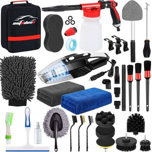 AUTODECO 40Pcs Car Wash Detailing Kit Cleaning Kits with Foam Gun Sprayer Vacuum with Long Cord Drill Brush Large Wash Mitt Towels Complete Interior Exterior Car Washing Supply Set Black - 8