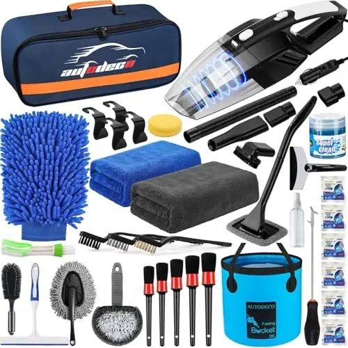 AUTODECO 41Pcs Avtomobil tozalash yuvish to'plami Yuqori quvvatli qo'lda ishlaydigan changyutgich, yig'ma chelak, Oyna tozalagich, Qor kurak, Shina cho'tkasi, Avtomobilni to'liq parvarishlash vositalari, Moviy - AUTODECO