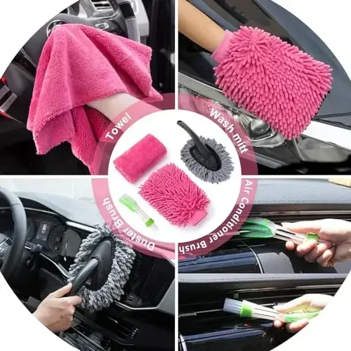 AUTODECO 41Pcs Avtomobilni tozalash yuvish to'plami Yuqori quvvatli qo'lda ishlatiladigan changyutgich, buklanadigan chelak, Oyna tozalagich, Qor kurak, G'ildirak cho'tkasi, Avtomobilga texnik xizmat ko'rsatish to'plami, Pushti - 6