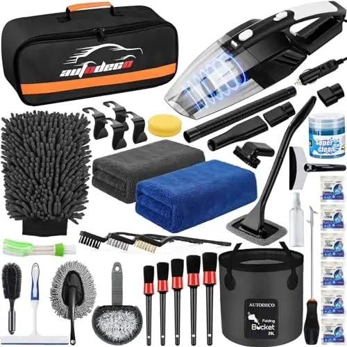 AUTODECO 41Pcs Car Cleaning Wash Kit Interior Detailing Cleaner Kit with High Power Handheld Vacuum, Collapsible Bucket, Windshield Tool, Snow Shovel, Tire Brush, Complete Car Care Tools, Black - AUTODECO