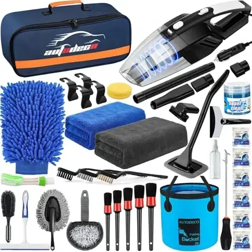 AUTODECO 41Pcs Car Cleaning Wash Kit Interior Detailing Cleaner Kit with High Power Handheld Vacuum, Collapsible Bucket, Windshield Tool, Snow Shovel, Tire Brush, Complete Car Care Tools, Blue - 1