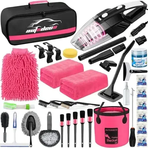 AUTODECO 41Pcs Car Cleaning Wash Kit Interior Detailing Cleaner Kit with High Power Handheld Vacuum, Collapsible Bucket, Windshield Tool, Snow Shovel, Tire Brush, Complete Car Care Tools, Pink - AUTODECO