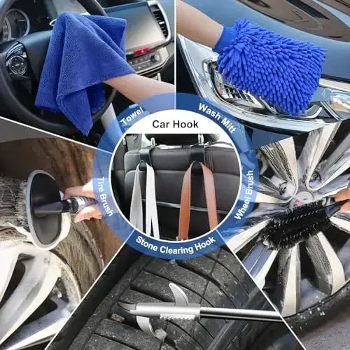 AUTODECO 42Pcs Car Wash Detailing Kit Cleaning Kits with Foam Gun Sprayer Wash Brush with Long Handle Collapsible Bucket Large Wash Mitt Towels Complete Interior Exterior Car Washing Supply Set Blue - 4