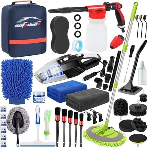 AUTODECO 43Pcs Car Wash Detailing Kit Cleaning Kits with Foam Gun Sprayer Long Handle Mop Car Vacuum Drill Brush Large Wash Mitt Towels Complete Interior Exterior Car Washing Supply Set Blue 