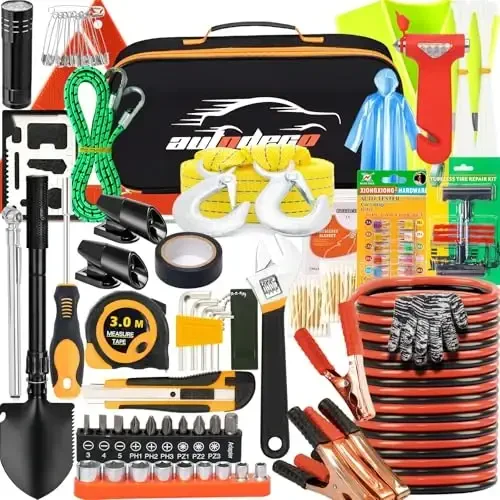 AUTODECO 82Pcs Car Roadside Emergency Kit with Jumper Cable - Automotive Safety Kit with Shovel - 7