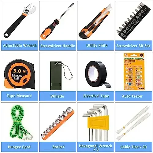 AUTODECO 82Pcs Car Roadside Emergency Kit with Jumper Cable - Automotive Safety Kit with Shovel - 2