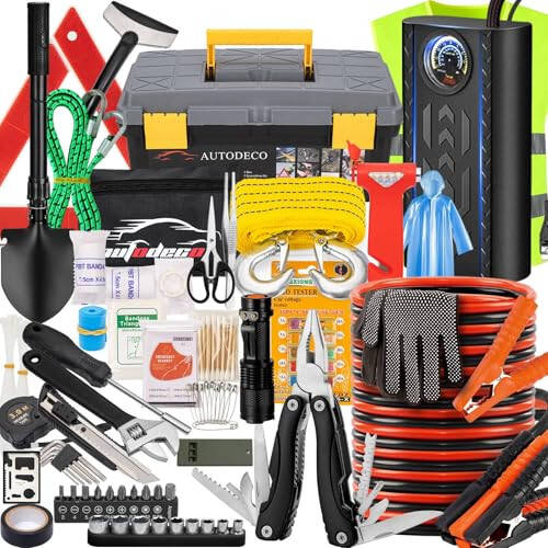 AUTODECO 98 PCS Roadside Car Emergency Assistance Kit with Portable Air Compressor Jumper Cables Safety Hammer All in One Pliers Tool Set（Black） - 1