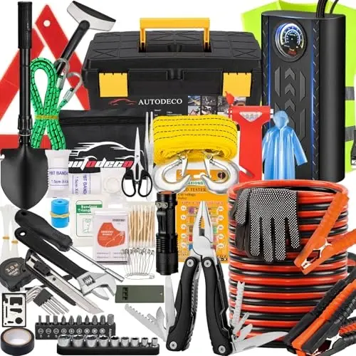 AUTODECO 98 PCS Roadside Car Emergency Assistance Kit with Portable Air Compressor Jumper Cables Safety Hammer All in One Pliers Tool Set（Black） 