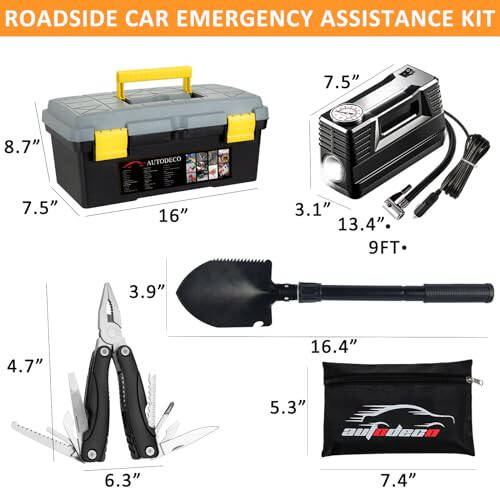 AUTODECO 98 PCS Roadside Car Emergency Assistance Kit with Portable Air Compressor Jumper Cables Safety Hammer All in One Pliers Tool Set（Black） - 4