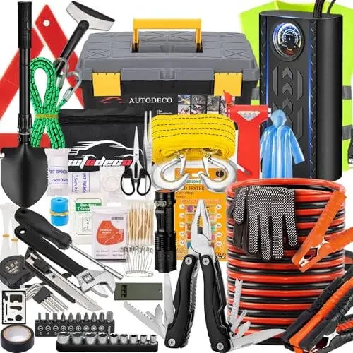 AUTODECO 98 PCS Roadside Car Emergency Assistance Kit with Portable Air Compressor Jumper Cables Safety Hammer All in One Pliers Tool Set（Black） - 1