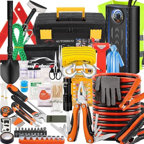 AUTODECO 98 PCS Roadside Car Emergency Assistance Kit with Portable Air Compressor Jumper Cables Safety Hammer All in One Pliers Tool Set（Orange） 