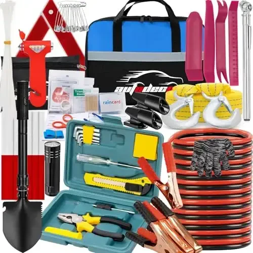 AUTODECO Car Emergency Roadside Kit Safety Assistance Kit for Vehicle with Shovel Jumper Cable First Aid Kit - 7