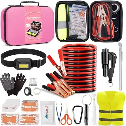 AUTODECO Car Roadside Emergency Kit, Car Safety Kit for Men Portable Car Kits for Emergency, Pink - 1