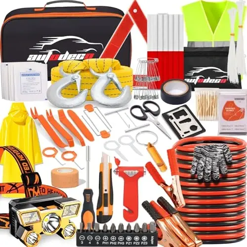 AUTODECO Roadside Emergency Car Kit - Car Safety Kit for Vehicles 126pcs - 7