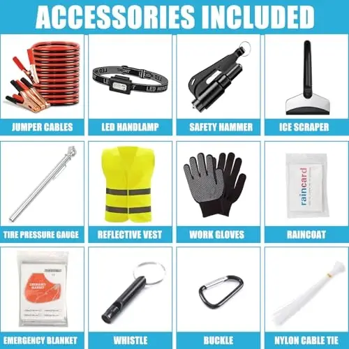AUTODECO Roadside Emergency Kit Car Safety Kit with Jumper Cables Car Kits for Emergency, Black - 2