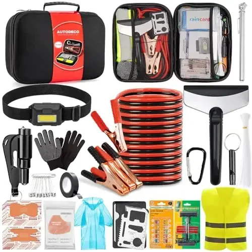 AUTODECO Roadside Emergency Kit Car Safety Kit with Jumper Cables Car Kits for Emergency, Black - 7