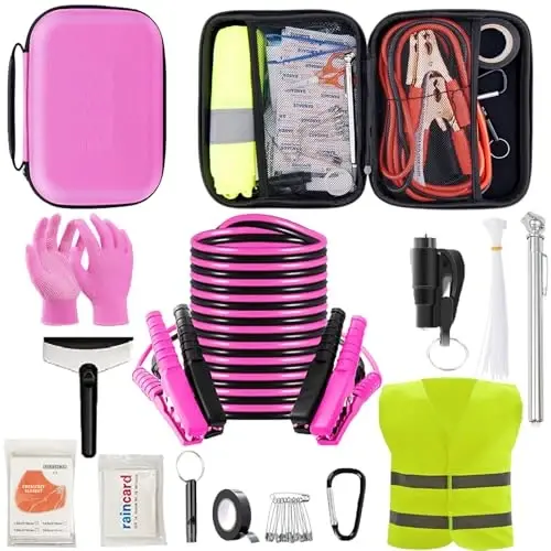 AUTODECO Roadside Emergency Kit Car Safety Kit with Jumper Cables Car Kits for Emergency, Pink - AUTODECO