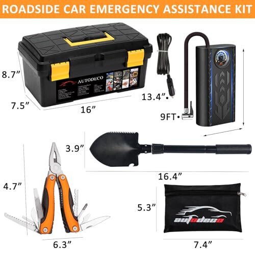AUTODECO 98 PCS Roadside Car Emergency Assistance Kit with Portable Air Compressor Jumper Cables Safety Hammer All in One Pliers Tool Set（Orange） - 4